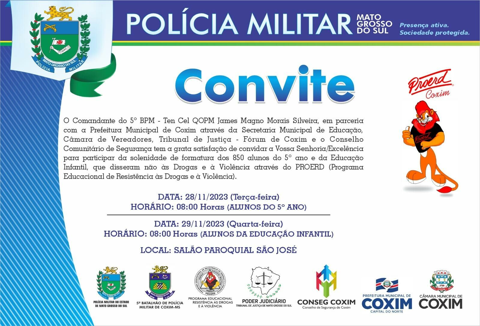 Imagem de compartilhamento para o artigo Polícia Militar participa da formatura dos 850 alunos do 5º ano e da Educação Infantil em Coxim da MS Todo dia
